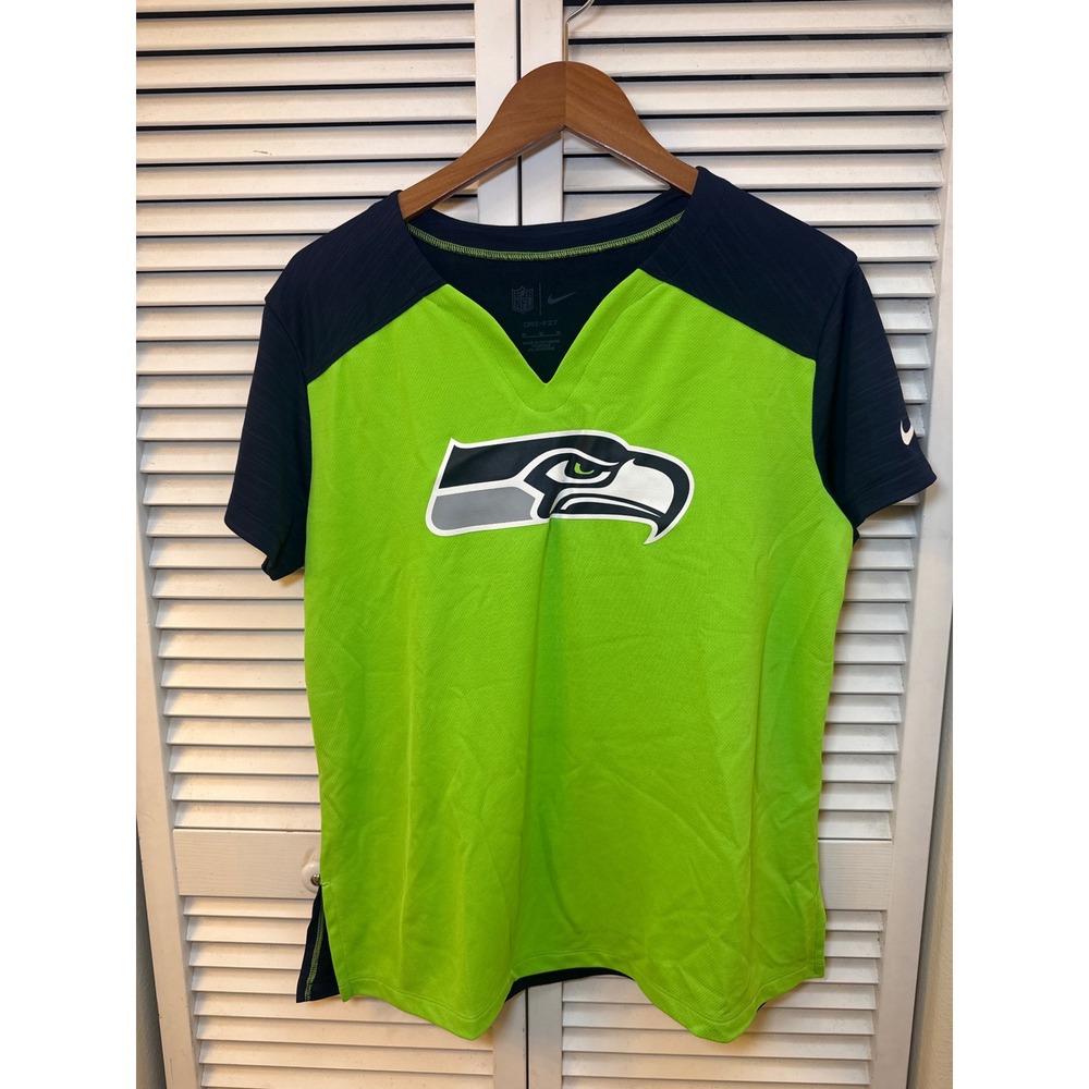 Nike NFL Seattle Seahawks Dri-FIT V-Neck Shirt Navy Green Womens Medium